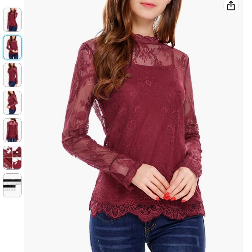 Burgundy Lace Long Sleeve Layered Blouse, XL